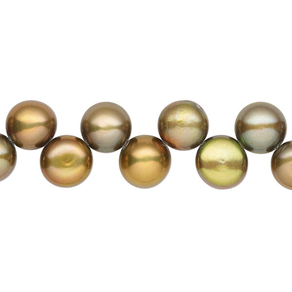 Pearl, cultured freshwater (dyed), brass, 7-8mm top-drilled flat-sided round with 0.4-0.5mm hole, B- grade, Mohs hardness 2-1/2 to 4. Sold per 14-inch strand. image number 0