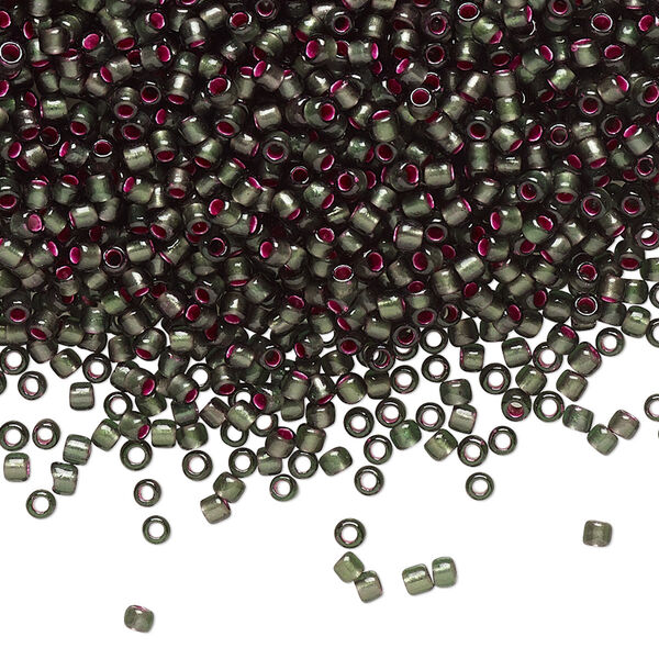 Seed bead, TOHO BEADS®, glass, pkg/7.5g, #11 round, opaque dyed silver-lined pink frosted olivine (TR-11-2204). image number 0