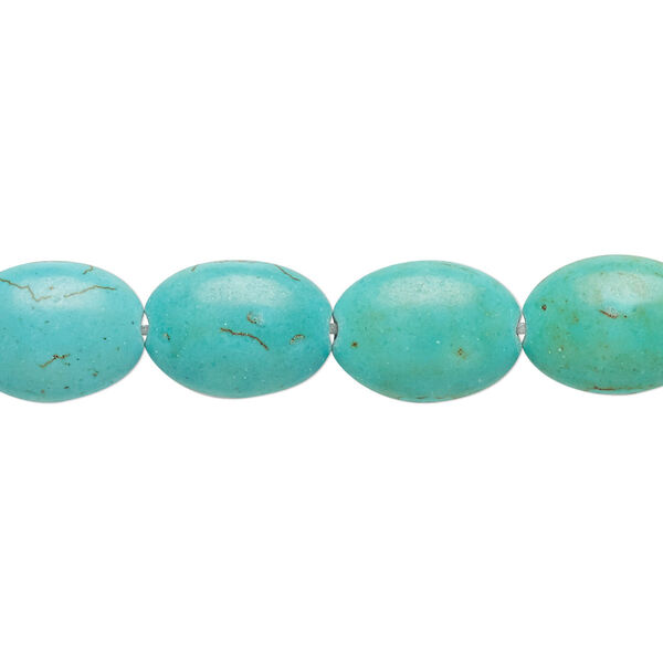 Bead, magnesite (dyed / stabilized), blue-green and light teal green, 13x10mm puffed oval, C grade, Mohs hardness 3-1/2 to 4. Sold per 15-inch strand. image number 0