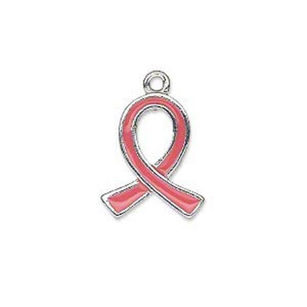 Charm, silver-plated "pewter" (zinc-based alloy) and enamel, pink, 18x15mm single-sided awareness ribbon. Sold individually. image number 0