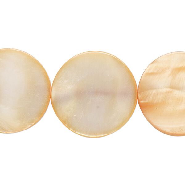 Bead, mother-of-pearl shell (dyed), orange, 20mm flat round with 0.6-0.8mm hole, Mohs hardness 3-1/2. Sold per 15-inch strand. image number 0