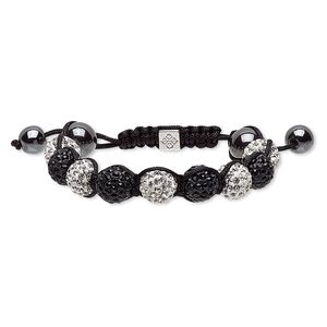 Bracelet, Hemalyke™ (man-made) / glass rhinestone / nylon / polymer clay / silver-plated "pewter" (zinc-based alloy), black / white / clear, 12mm round, adjustable from 5-1/2 to 8 inches with macramé knot closure. Sold individually.