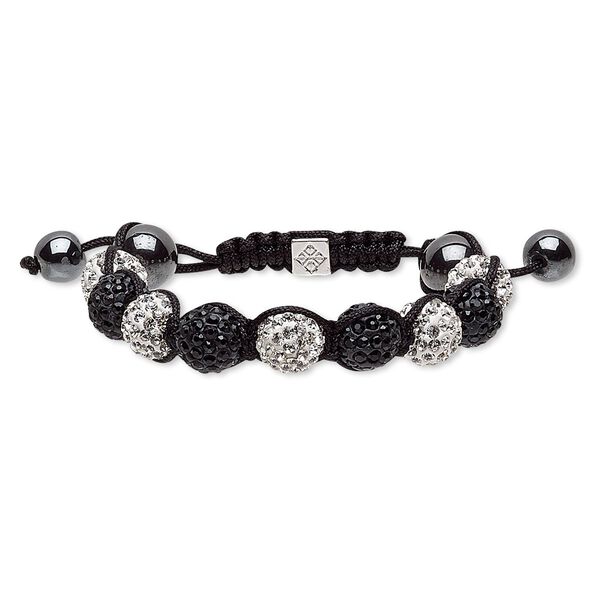 Bracelet, Hemalyke™ (man-made) / glass rhinestone / nylon / polymer clay / silver-plated "pewter" (zinc-based alloy), black / white / clear, 12mm round, adjustable from 5-1/2 to 8 inches with macramé knot closure. Sold individually. image number 0