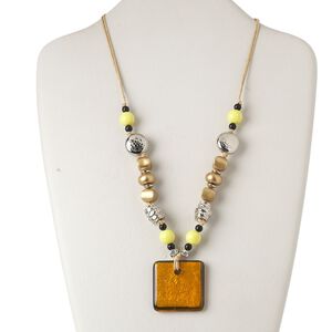 Necklace, lampworked glass / silver-coated plastic / plastic / silver-finished steel / acrylic / glass / waxed cotton cord, multicolored with silver-colored foil, 39x39mm square, 22 inches with lobster claw clasp and 2-inch extender chain. Sold individually.