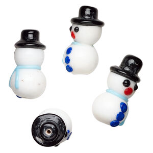 Bead, lampworked glass 1pkg4, multicolored, 30x15mm snowman with hat and scarf.