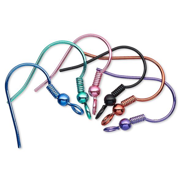 Ear wire, electro-coated brass, assorted colors, 19mm fishhook with 3mm ball and 4mm coil with open loop, 21 gauge. Sold per pkg of 6 pairs. image number 0