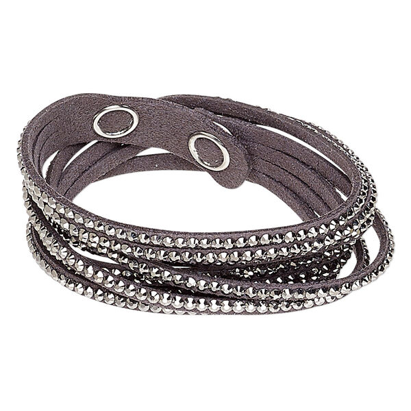 Bracelet, 4-strand wrap, acrylic rhinestone / faux suede / imitation rhodium-plated brass, grey and metallic silver, 13mm wide, adjustable at 6 and 7 inches with snap closure. Sold individually. image number 0