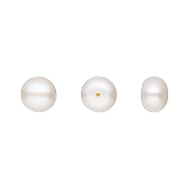 Pearl, White Lotus™, cultured freshwater (bleached), white, 8-8.5mm half-drilled button, B grade, Mohs hardness 2-1/2 to 4. Sold per pair. image number 0