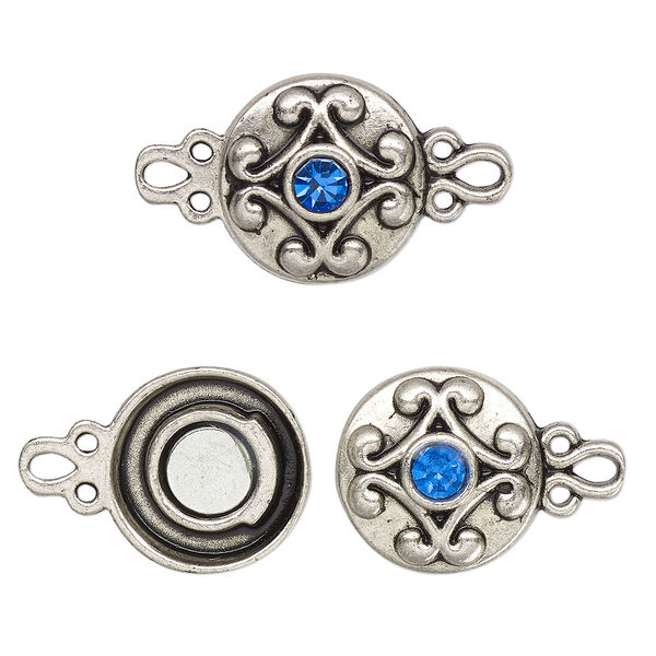 Clasp, magnetic, silver-finished "pewter" (zinc-based alloy) and glass, blue, 12mm double-sided round. Sold per pkg of 2. image number 0