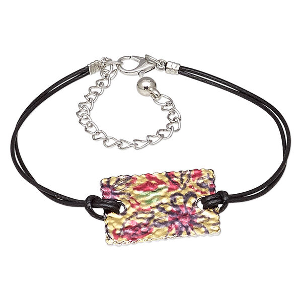 Bracelet, mylar / waxed cotton cord / imitation rhodium-plated steel / "pewter" (zinc-based alloy), black and multicolored, 27x19mm rectangle with flower design, 8 inches with 3-inch extender chain and lobster claw clasp. Sold individually. image number 0