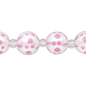 Bead, glass 1pkg8, opaque pink and white, 12mm hand-painted round.