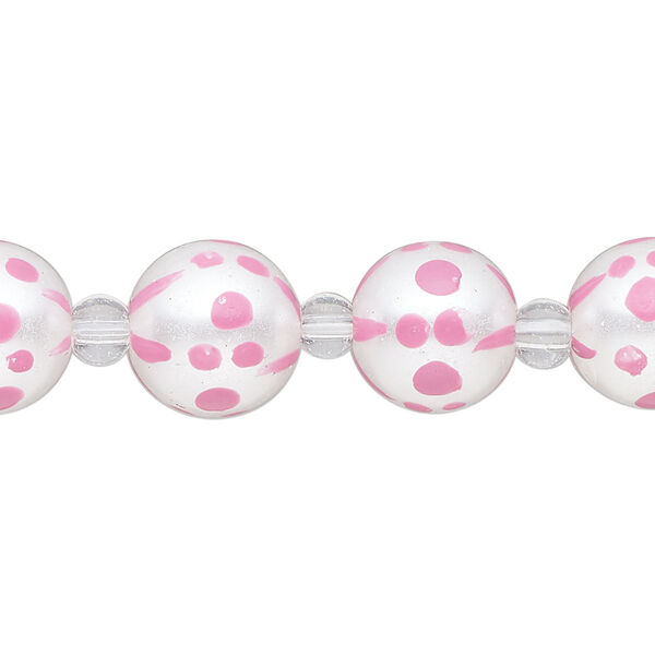 Bead, glass 1pkg8, opaque pink and white, 12mm hand-painted round. image number 0
