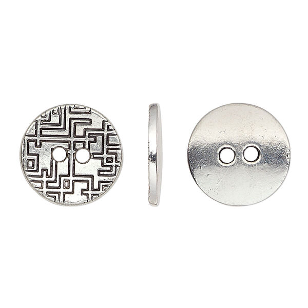 Button, antique silver-plated "pewter" (zinc-based alloy), 15mm single-sided flat round with geometric design. Sold per pkg of 20. image number 0