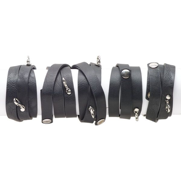 Bracelet component, wrap, leatherette and silver-finished "pewter" (zinc-based alloy), black, 12mm wide, 22 inches with (2) lobster claw clasps, adjustable snap closure. Sold per pkg of 5. image number 0