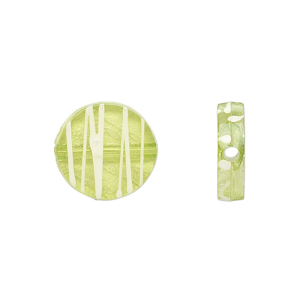 Bead, acrylic, semitransparent green and white, 15mm flat round with painted line design. Sold per pkg of 140. image number 0