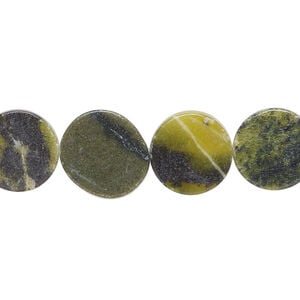 Yellow "turquoise" (serpentine with quartz) 1pkg1, flat round bead natural, 15 inch 12-13mm