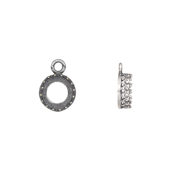 Drop, JBB Findings, antique silver-plated brass, 9mm round with decorative trim, 8mm round bezel setting. Sold per pkg of 2. image number 0