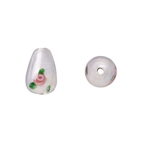 Bead, Czech lampworked glass, opaque white / green / pink, 12x8mm-13x9mm teardrop with flower design. Sold per pkg of 4. image number 0