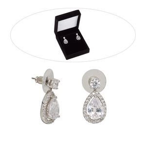 Earring, cubic zirconia / stainless steel / rhodium-finished brass, clear, 22mm teardrop with comfort clutch. Sold per pair.