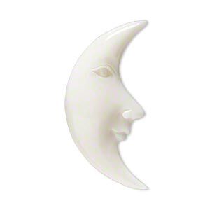 Embellishment, bone (bleached), white, 34x14mm-38x18mm hand-carved single-sided undrilled moon face, Mohs hardness 2-1/2. Sold individually.