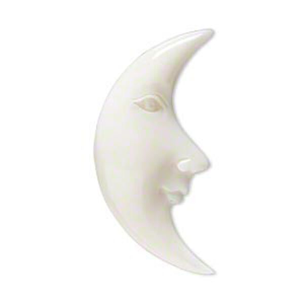 Embellishment, bone (bleached), white, 34x14mm-38x18mm hand-carved single-sided undrilled moon face, Mohs hardness 2-1/2. Sold individually. image number 0