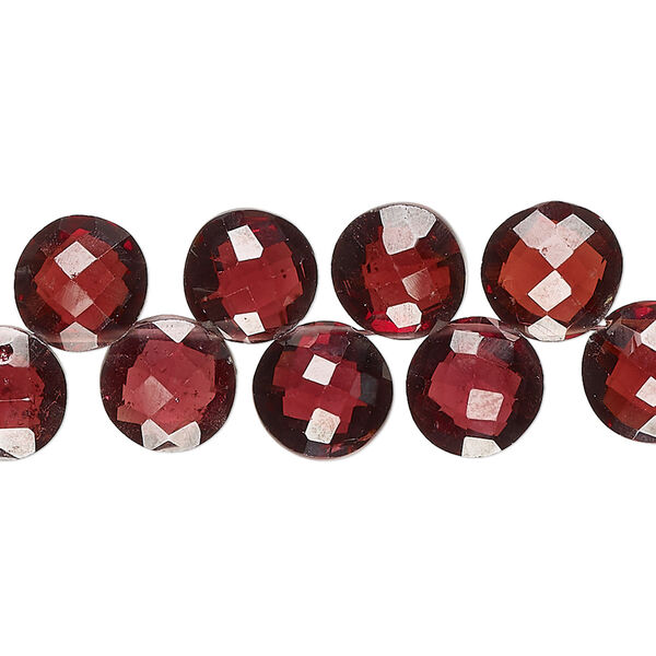 Bead, garnet (natural), 8-9mm hand-cut top-drilled checkerboard-faceted puffed flat round, B+ grade, Mohs hardness 7 to 7-1/2. Sold per 8-inch strand, approximately 40 beads. image number 0