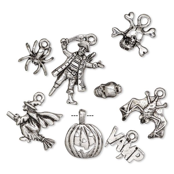 Charm, antique silver-plated pewter (tin-based alloy), 9x5.5mm-25x18mm assorted Halloween theme. Sold per 8-piece set. image number 0