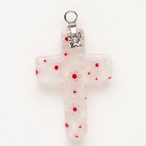 Focal 1pkg1 silver-finished steel and millefiori glass, translucent and transparent clear / red / white, 33x23mm-35x24mm cross.