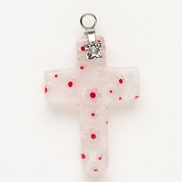 Focal 1pkg1 silver-finished steel and millefiori glass, translucent and transparent clear / red / white, 33x23mm-35x24mm cross. image number 0