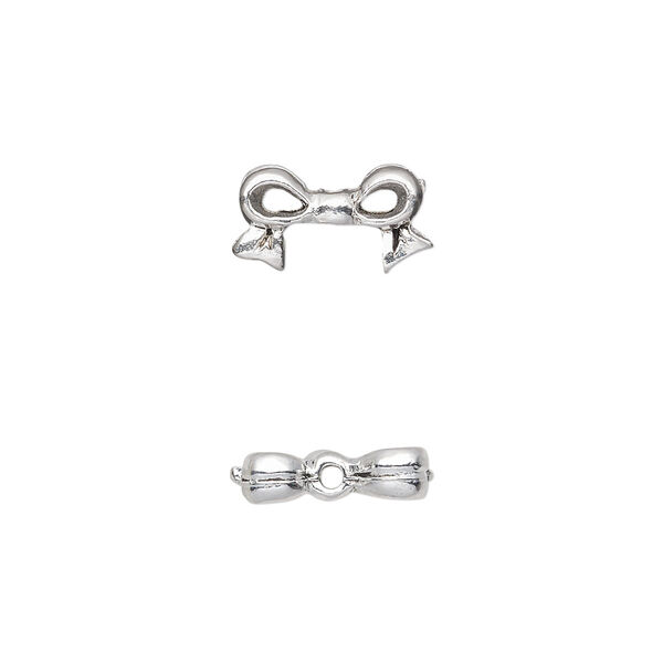 Bead, pewter (tin-based alloy), pkg/1, silver plate, 13x7mm double-sided bow, fits 6mm cube. image number 0