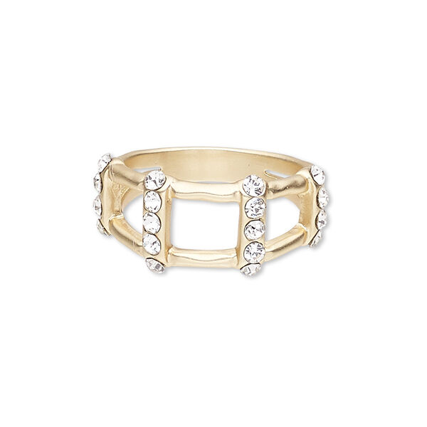 Ring, glass rhinestone and gold-finished "pewter" (zinc-based alloy), clear, 12mm wide with open rectangle, size 9. Sold individually. image number 0