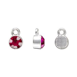 Drop, silver-finished "pewter" (zinc-based alloy) and glass rhinestone, rose, 8mm faceted round, October birthstone. Sold per pkg of 4.