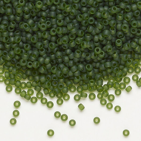 Seed bead, Dyna-Mites™, glass, pkg/40g, #11 round, translucent matte olive green, (25MA 11/0 RR). image number 0