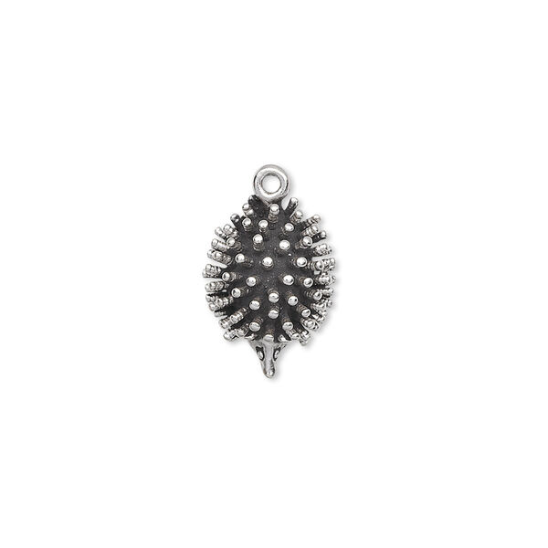 Charm, antiqued sterling silver, 13x11mm 3D hedgehog. Sold individually. image number 0
