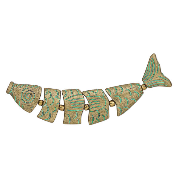Bead, antique brass-plated "pewter" (zinc-based alloy), green patina, 76x19mm double-sided fish. Sold per 6-piece set. image number 0