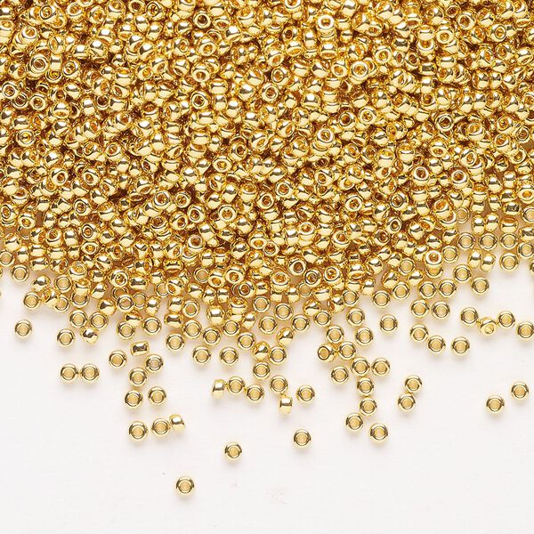 Seed bead, Miyuki, glass, pkg/250g, #15 rocaille, opaque 24Kt gold-plated, (RR-191). image number 0