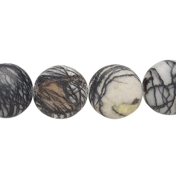Bead, black silk stone (natural), matte, 14mm puffed flat round, B grade, Mohs hardness 4. Sold per 8-inch strand, approximately 15 beads. image number 0