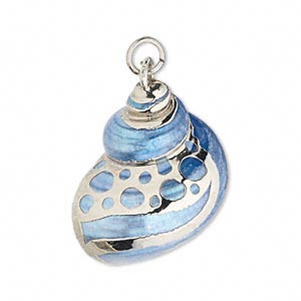 Drop, tapestry turban shell (dyed) and silver-plated copper, blue, 22mm-32x28mm with 5mm jump ring. Sold individually. image number 0