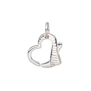 Clasp lobster claw 1pkg1 sterling silver, 17x16mm open diamond-cut heart / 7.5mm 17 gauge jump ring, 1-strand