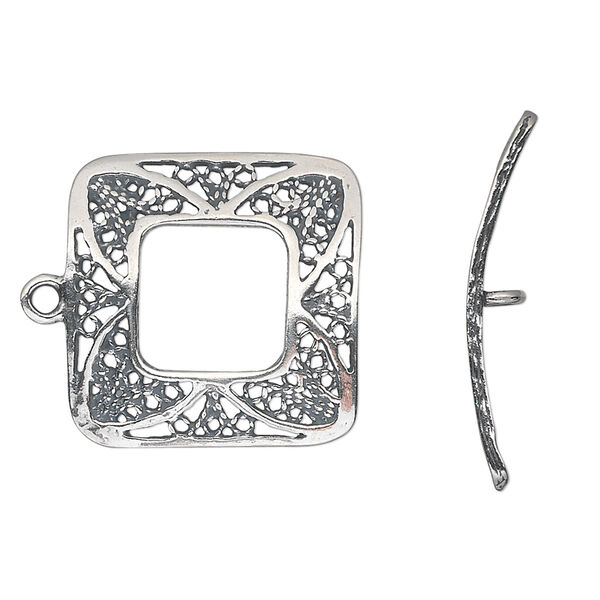 Clasp, JBB Findings, toggle, antiqued sterling silver, 22x22mm open filigree square. Sold individually. image number 0