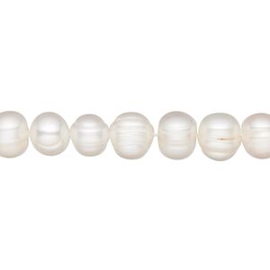 Pearl, cultured freshwater (bleached), white, 7-8mm semi-round, C grade, Mohs hardness 2-1/2 to 4. Sold per 16-inch strand.