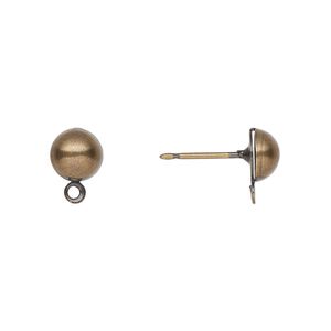 Earstud 1pkg100 antique gold-plated, 6mm half-ball / closed loop, brass / stainless steel 50 pair