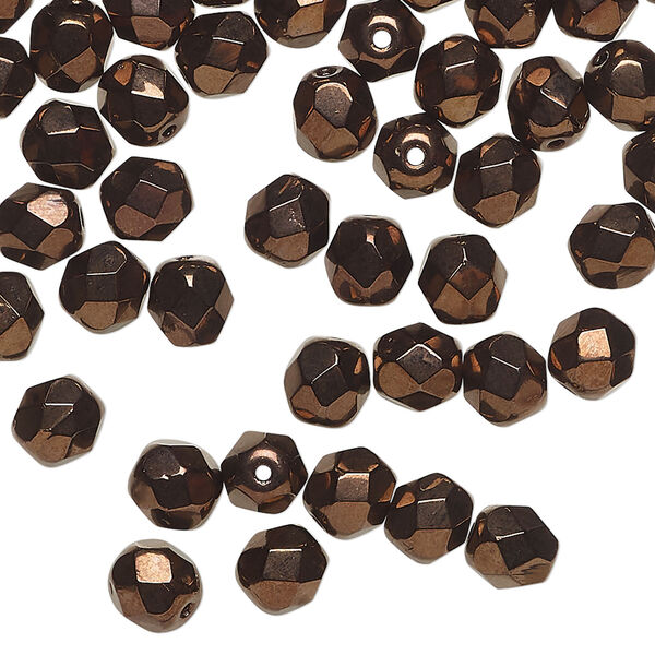 Bead, Czech fire-polished glass 1pkg60, opaque bronze, 6mm faceted round. image number 0