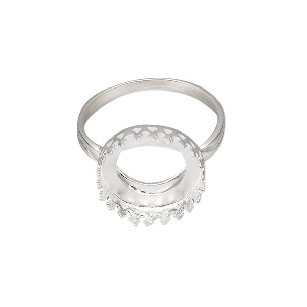 Ring, sterling silver, 15.5mm round with filigree edge and 14mm round cabochon bezel setting, size 9. Sold individually. image number 0