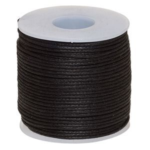 Cord, waxed cotton, black, 0.5mm. Sold per 25-meter spool.