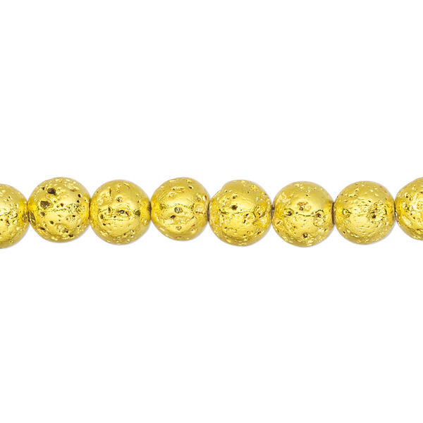 Bead, electro-coated lava rock (coated), yellow, 6-7mm round. Sold per 15-1/2" to 16" strand. image number 0