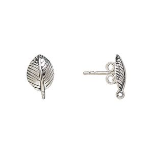Earstud 1pkg2 sterling silver, 10x7mm leaf / closed loop / earnuts, antiqued 1 pair