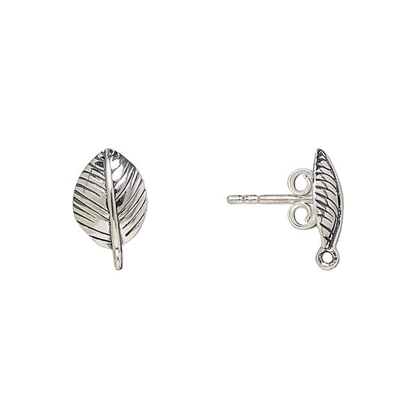 Earstud 1pkg2 sterling silver, 10x7mm leaf / closed loop / earnuts, antiqued 1 pair image number 0
