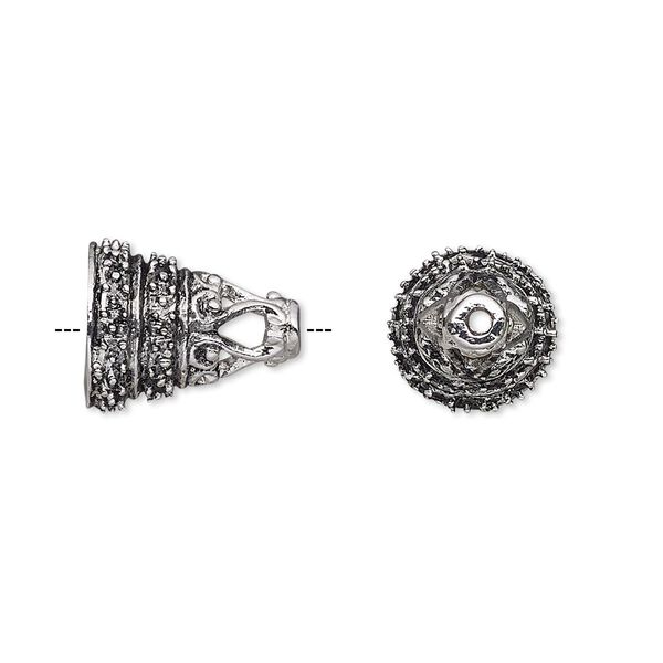 Cone, antique silver-plated bronze, 14.5x11.5mm textured, 8.5mm inside diameter. Sold individually. image number 0