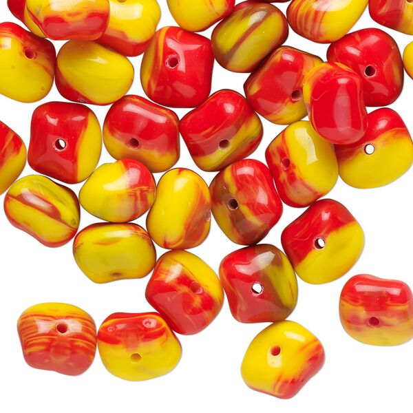 Bead, pressed glass, opaque red and yellow, 9x6mm freeform rondelle. Sold per 1-ounce pkg, approximately 50 beads. image number 0